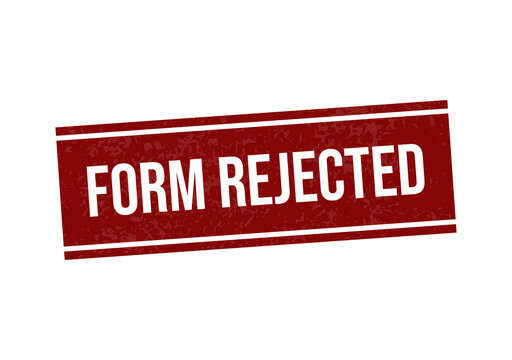 Red rejected form stamp with bold white text isolated on transparent background