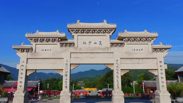 Aerial view of Shaolin Temple in morning mist, world cultural heritage in Henan China, birthplace of Zen Buddhism and Shaolin Kung Fu