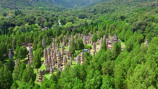 erial view of Shaolin Temple Pagoda Forest, ancient stone stupas tombs of eminent monks in Henan China。Chinese civilization，Chinese philosophy，stone architecture