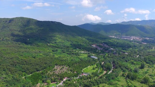 Aerial view of Shaolin Temple in morning mist, world cultural heritage in Henan China, birthplace of Zen Buddhism and Shaolin Kung Fu