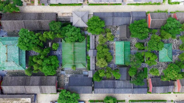 Aerial view of Shaolin Temple in morning mist, world cultural heritage in Henan China, birthplace of Zen Buddhism and Shaolin Kung Fu