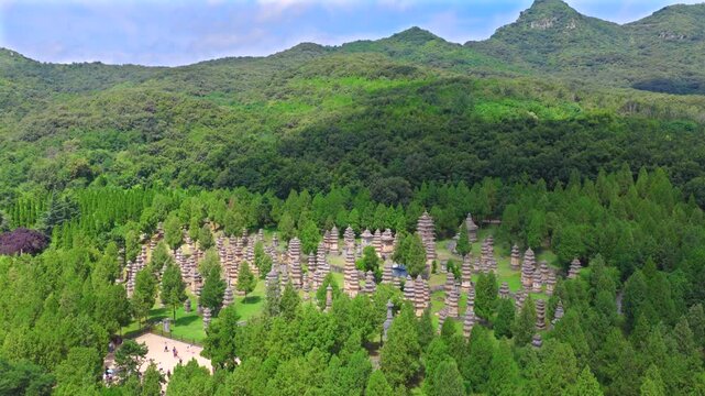 erial view of Shaolin Temple Pagoda Forest, ancient stone stupas tombs of eminent monks in Henan China。Chinese civilization，Chinese philosophy，stone architecture