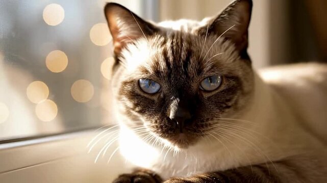 Elegant Siamese cat sitting beside a bright window