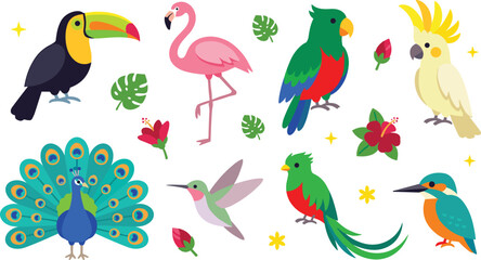 Naklejka premium Tropical Birds Vector Icon Set Featuring Toucan Flamingo Parrot Cockatoo Peacock Hummingbird Quetzal and Kingfisher with Hibiscus and Monstera Leaves for Exotic Designs