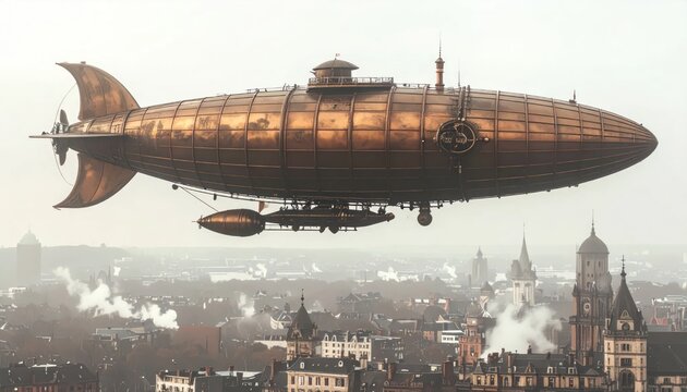 Steampunk Airship Flying Over Victorian Cityscape.