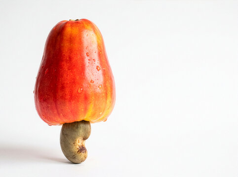 A vibrant red cashew apple with its characteristic kidney-shaped nut hanging below, set against a clean white background. Water droplets glisten on the apple's surface, highlighting its fresh.