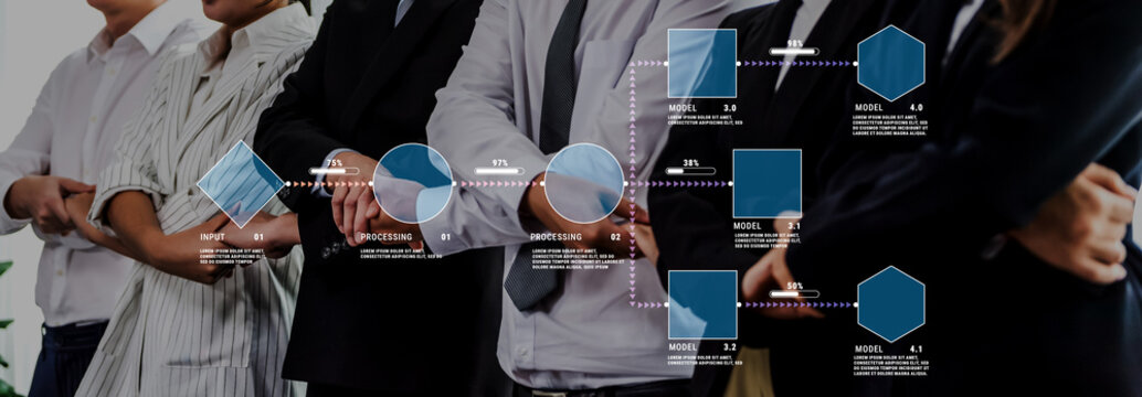 Group of Diverse Business Professionals Standing Together with Graphic Elements Representing Collaboration and Progress in a Modern Office Setting Quark.