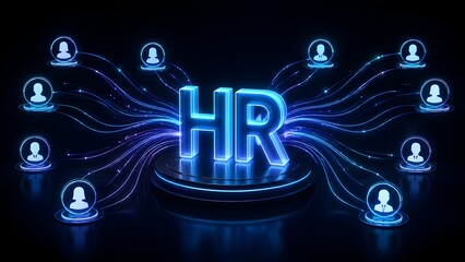 Fototapeta premium Futuristic HR hub concept with glowing human resources text connecting to employee network nodes via light trails