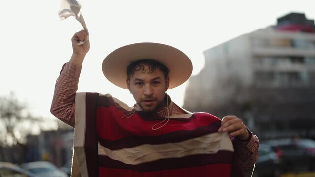 Chilean Huaso Dancing Cueca During Fiestas Patrias National Independence Celebration in Chile