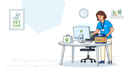Fototapeta premium Veterinary worker using computer with power backup