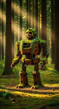 An ancient rusty robot covered in green moss stands peacefully in a dense forest, surrounded by tall pine trees and soft morning sunlight, trees, moss, foliage