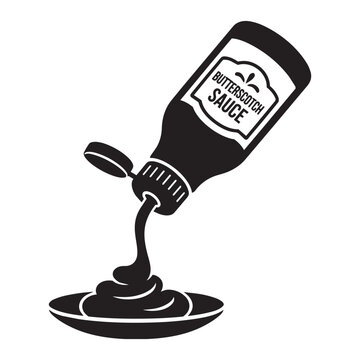 Black and white vector illustration of butterscotch sauce pouring from squeeze bottle onto a plate