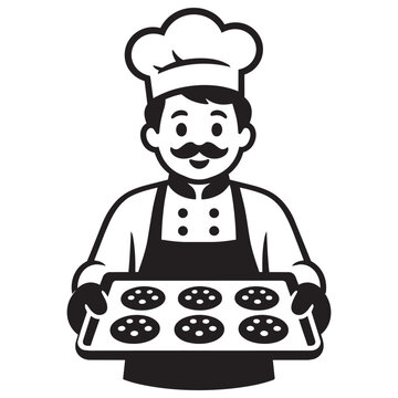 Black and white vector illustration of a cartoon baker holding a baking tray with cookies
