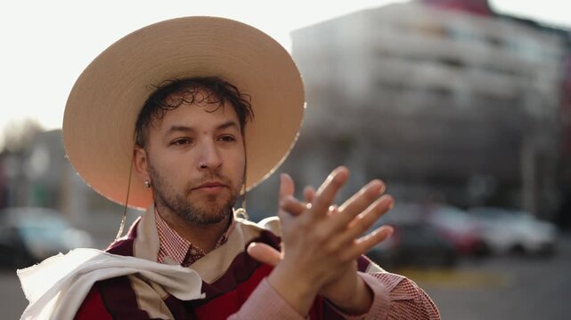 Chilean Huaso Dancing Cueca During Fiestas Patrias National Independence Celebration in Chile