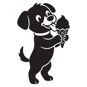 Cute cartoon puppy licking an ice cream cone black and white vector silhouette illustration