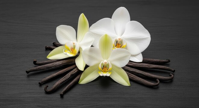 Elegant white vanilla orchid blossoms paired with dark aromatic pods lying on a textured ebony wooden surface, perfect for food concepts, orchid, botanical, surface