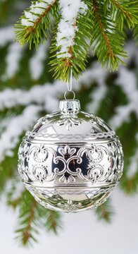 Elegante pallina di Natale in argento lucido con dettagliate decorazioni a rilievo, sospesa su un ramo di pino verde innevato e sfocato, branch, decoration, macro
