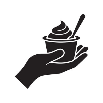 Black silhouette vector icon of a hand holding a cup of frozen yogurt with a spoon