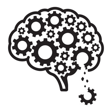 Black and white vector illustration of human brain made of gear cogs with broken falling parts