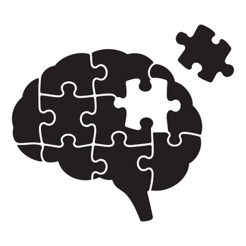 Black and White Vector Illustration of Human Brain Jigsaw Puzzle with Missing Piece