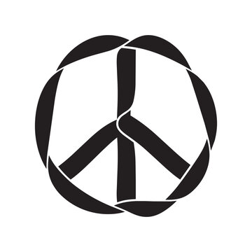 Minimalist black peace sign icon with twisted ribbon design isolated on white background