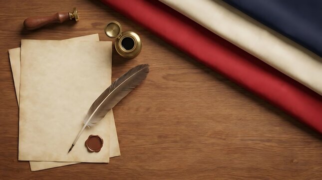 A vintage 13 colonies flag concept with parchment paper, quill pen, and wax seal on a rustic wooden table surface