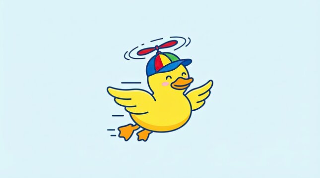 Cute yellow duck with propeller hat flying joyfully