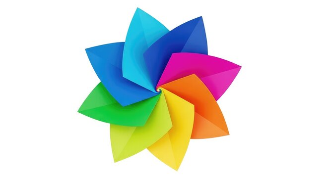 Vibrant abstract pinwheel flower with colorful geometric petals spiraling outward from a central point, isolated on a pure white background, digital, spiral, pinwheel