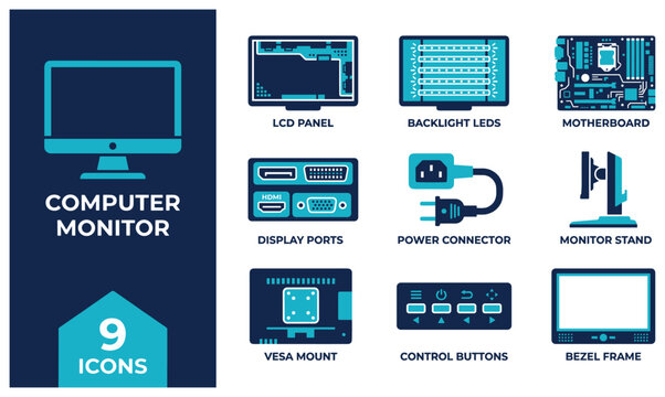 Computer monitor icons include lcd panel backlight leds motherboard and display ports for tech setups.