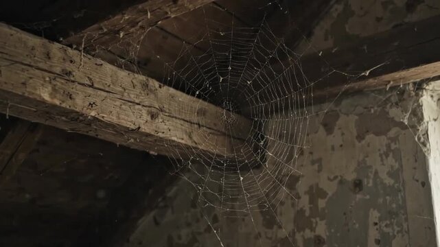 Large spider web in a dark abandoned attic with old wooden beams and peeling paint on the wall create a spooky atmosphere