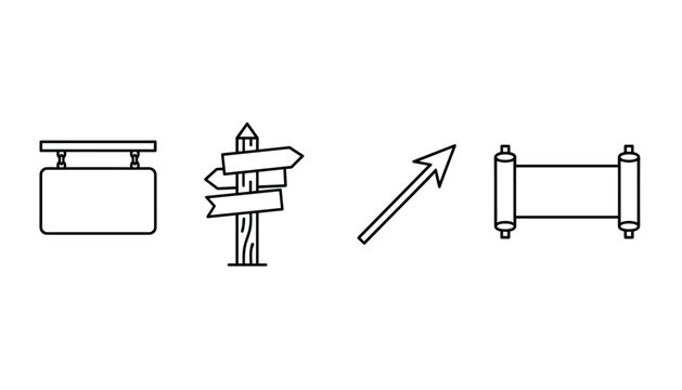 Set of four outline icons including signboard signpost diagonal arrow and scroll is great for navigation graphic.