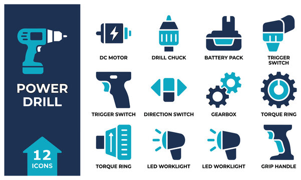 Power drill parts and components icon collection featuring chuck motor battery and grip.