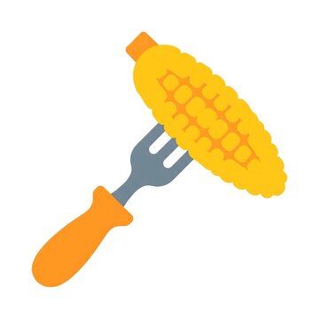 A flat vector illustration of a yellow corn cob skewered on a fork.
