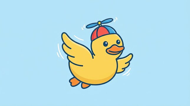 Cute yellow duckling wearing a propeller hat flying happily against a blue sky