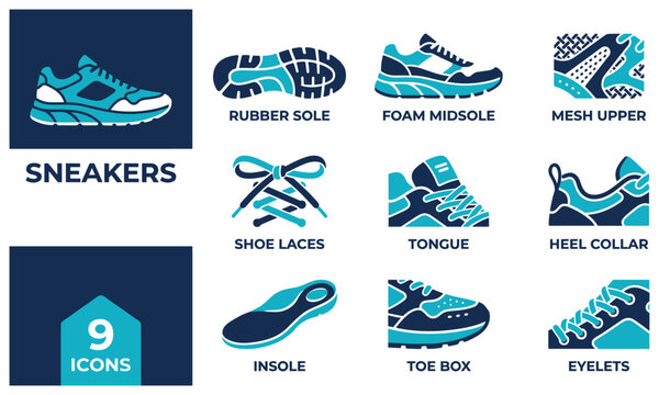 Sneaker anatomy parts icon set with blue footwear symbols for sports shoe product guides.