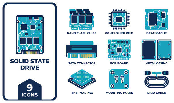 Solid state drive icons with nand flash chips controller chip and dram cache for computer hardware.