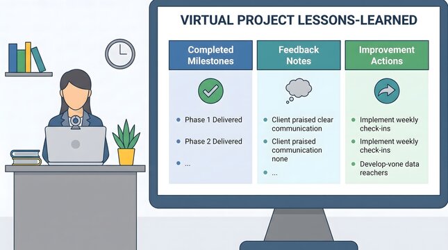 Business professional working on virtual project lessons learned document on computer screen.