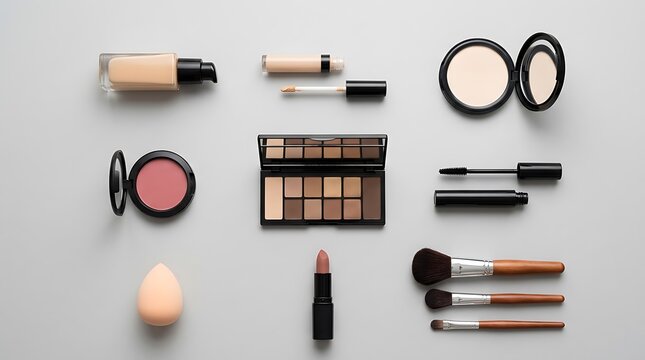 Top view of various makeup products including foundation palette lipstick and brushes for beauty routine. basic cosmetics guide