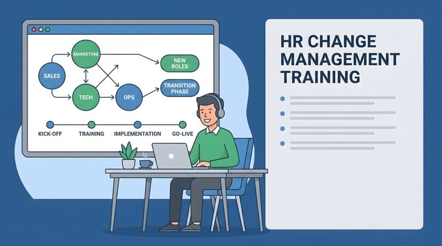 A professional man participating in an online HR change management training session on his computer.
