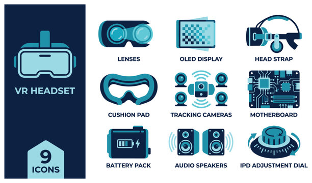 VR headset icons with lenses OLED display and tracking cameras for virtual reality.