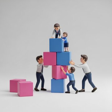 Minimalist 3D business characters collaborating to stack and build with large blue and pink cubes on a white background, representing teamwork, growth, and corporate strategy.