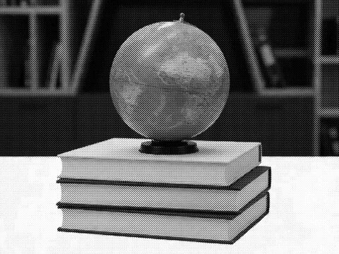A single globe resting on top of a stack of blank books in halftone effect