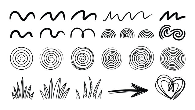 Set of hand drawn sketch doodles including spirals circles waves grass arrow and heart shapes