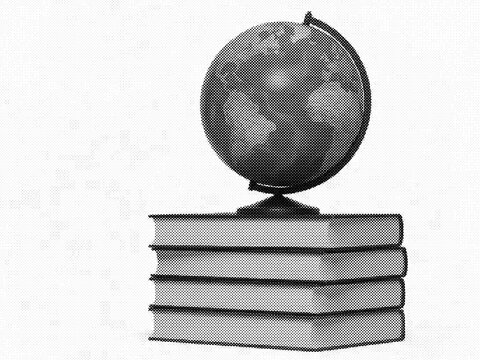 A single globe resting on top of a stack of blank books in halftone effect