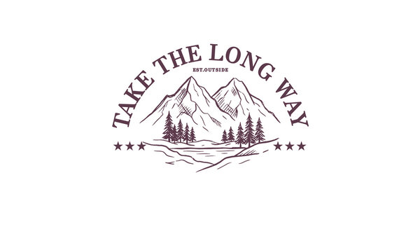 Take the long way. Vintage mountain and hiking design for streetwear clothing brand and poster art design
