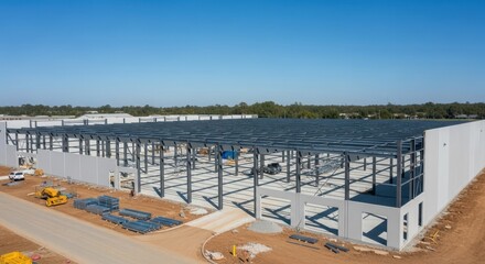 Obraz premium Vast Steel Framework of a New Distribution Warehouse Under Construction Under a Clear Blue Sky