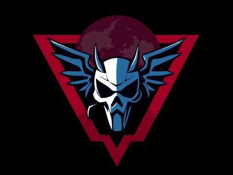 Skull with wings and horns inside triangle with red moon on black background illustration