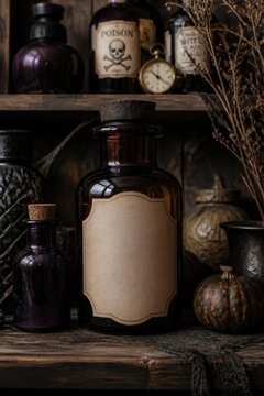 Vintage potion bottles with skull label and herbs on wooden shelf for halloween decoration witchcraft items apothecary jars mystical props spooky setup magic ingredients dried plants esoteric