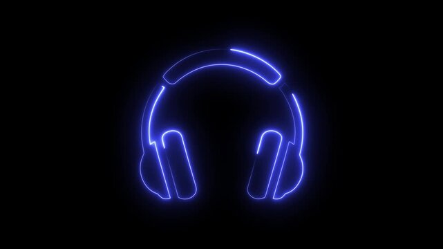 Glowing blue neon headphones icons animation isolated on black background for music and audio concepts