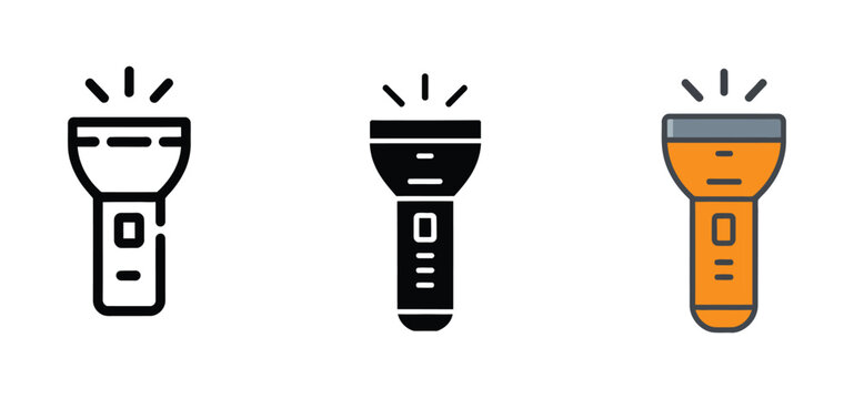 Portable electric flashlight and camping torch light icon set for outdoor adventure, emergency illumination, and searchlight equipment